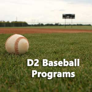 d2-Baseball-Programs Baseball on a field representing list of D2 baseball programs